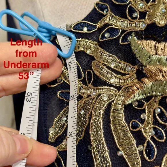 Blondie Nites Navy Gold Embroidered V-Neck V-Back Formal Dress Ball Gown Size 9 - Picture 8 of 16